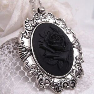 Black on Black Rose Cameo Necklace Pendant Gothic